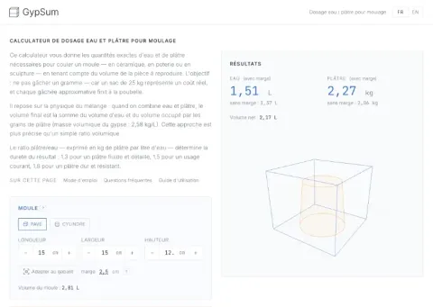 Interface de GypSum, avec les champs de dimensions du moule et le résultat en litres d'eau et kilos de plâtre.