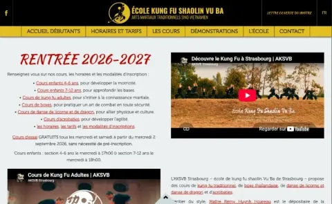Page d'accueil du site AKSVB Strasbourg, avec la présentation des cours de kung-fu.