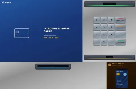 Écran du simulateur DAB Trainer, avec le clavier numérique et la fente à billets.